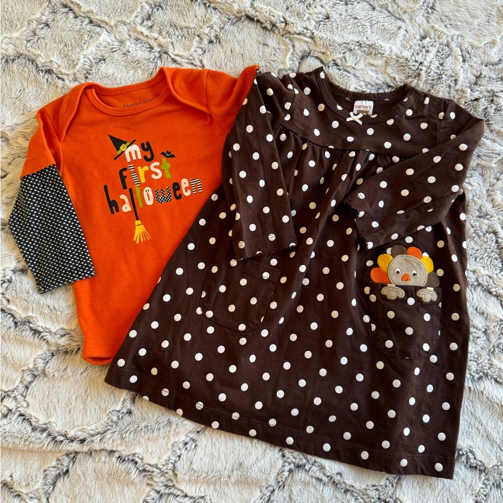 My first Halloween size 6-9 months. Thanksgiving dress/shirt size 12 months